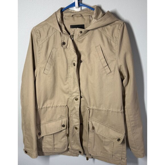 Miss London Black Label Womens Utility Jacket Medium Tan Hooded Chinch Waist - Picture 1 of 12